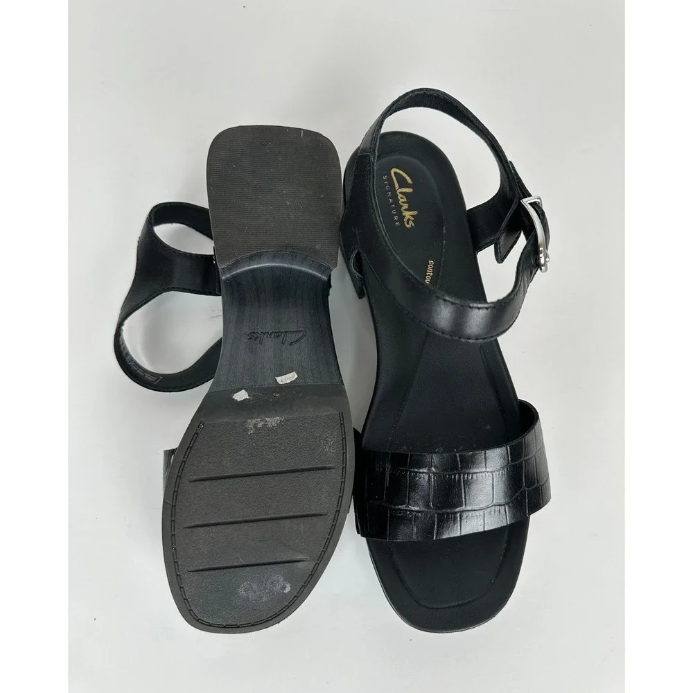 Clarks Signature Black Leather Platform Sandals Block Heel Sz 8M Y2K Ankle Strap